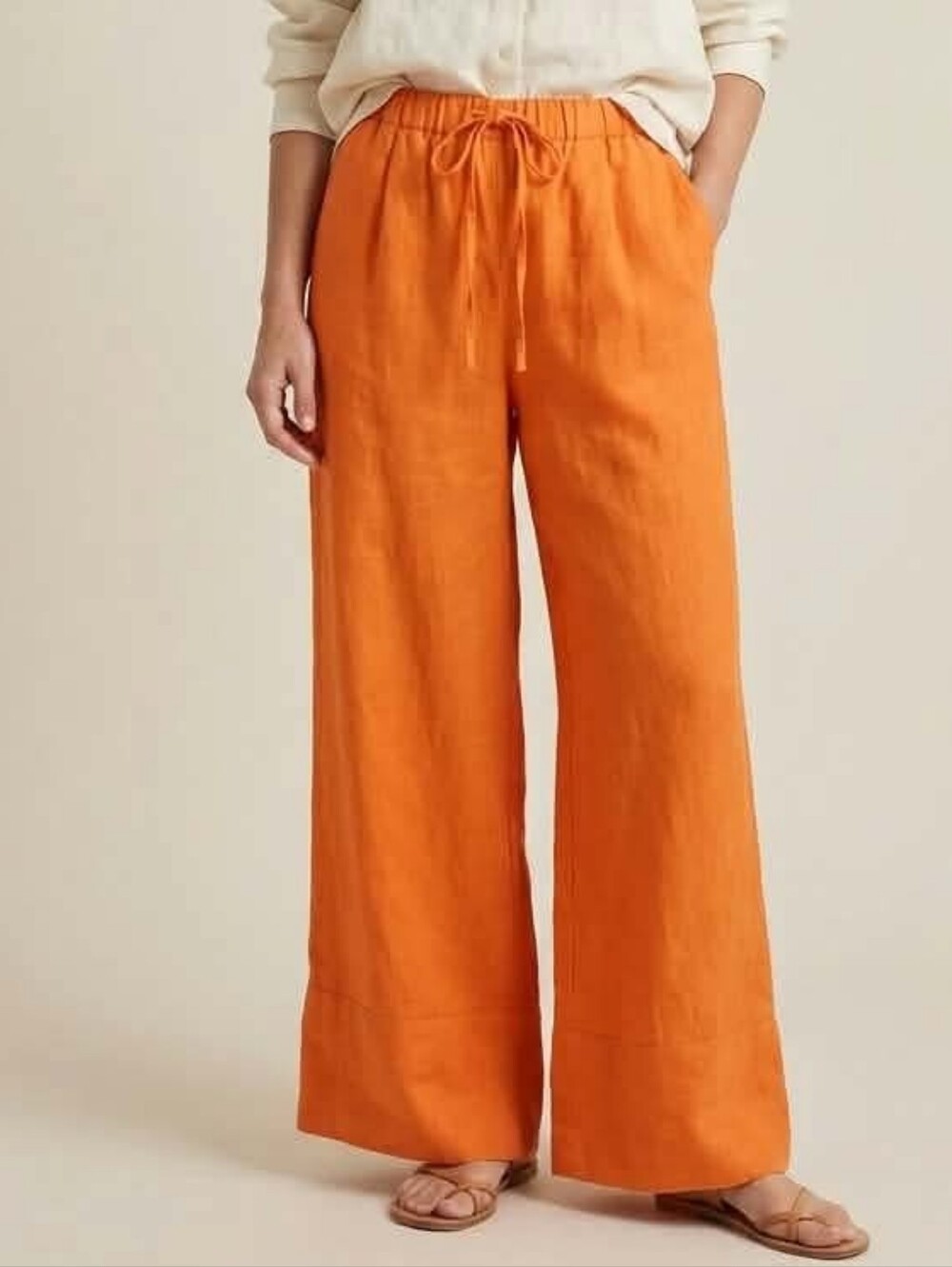 Zara Orange Wide-Leg Linen Drawstring Pants